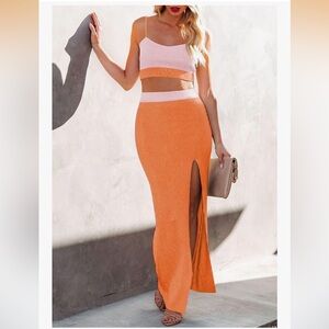 Knitted Crop Top Side Slit Midi Skirt 2 Piece Sweater Dress  Orange S/0112